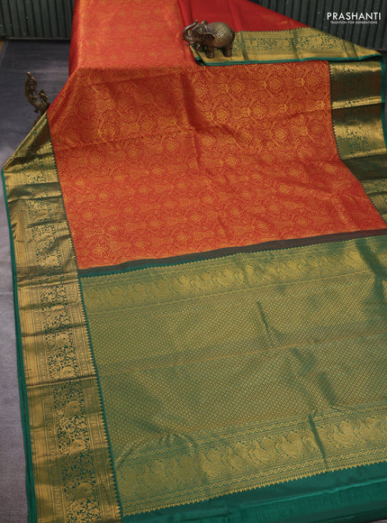 Kanchipuram silk saree red and green with allover zari woven brocade weaves and zari woven border