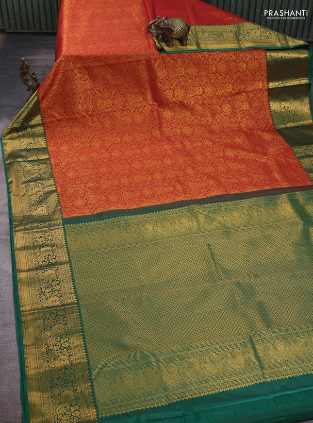 Kanchipuram silk saree red and green with allover zari woven brocade weaves and zari woven border