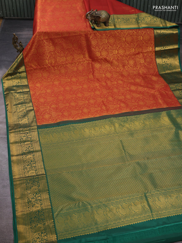 Kanchipuram silk saree red and green with allover zari woven brocade weaves and zari woven border