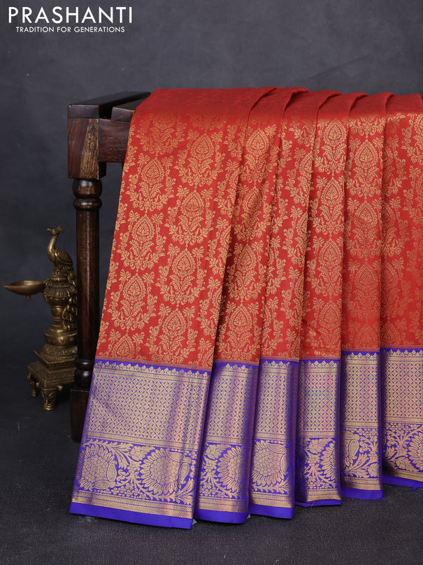 Kanchipuram silk saree rust shade and violet with allover zari woven brocade weaves and zari woven border