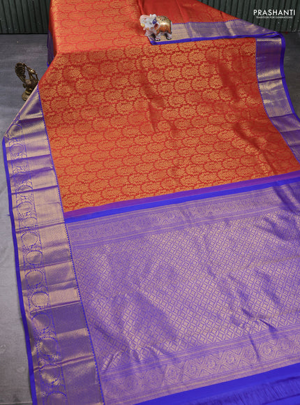 Kanchipuram silk saree rust shade and violet with allover zari woven brocade weaves and zari woven border