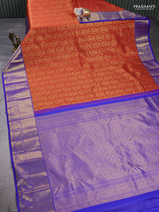 Kanchipuram silk saree rust shade and violet with allover zari woven brocade weaves and zari woven border