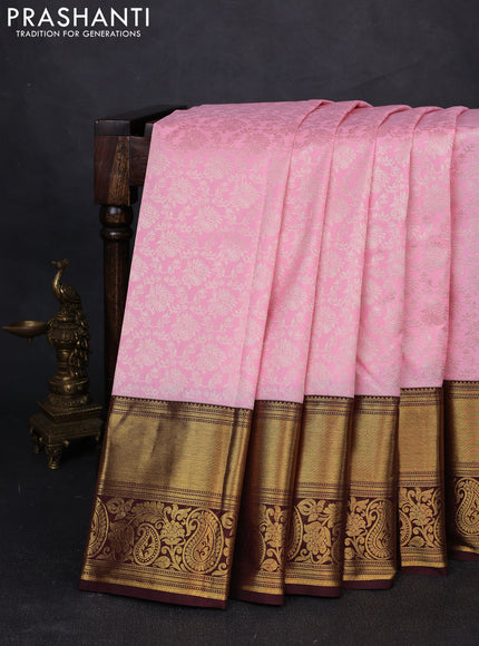 Kanchipuram silk saree light pink and coffee brown with allover zari woven brocade weaves and long rich zari woven border