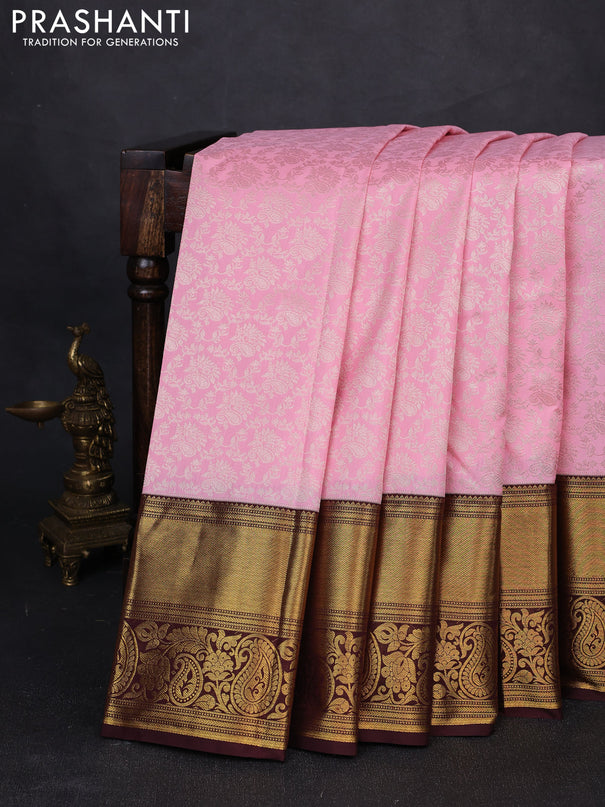 Kanchipuram silk saree light pink and coffee brown with allover zari woven brocade weaves and long rich zari woven border