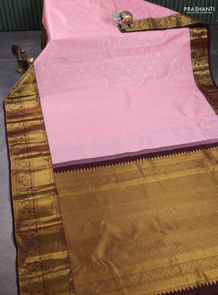 Kanchipuram silk saree light pink and coffee brown with allover zari woven brocade weaves and long rich zari woven border