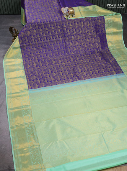 Kanchipuram silk saree violet and light green with allover zari woven brocade weaves and long zari woven border