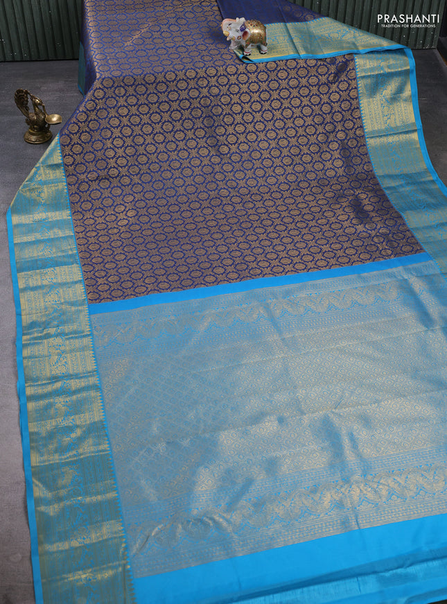 Kanchipuram silk saree blue and cs blue with allover zari woven brocade weaves and zari woven border