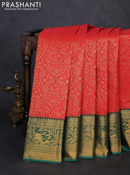 Kanchipuram silk saree red and green with allover zari woven brocade weaves and zari woven border