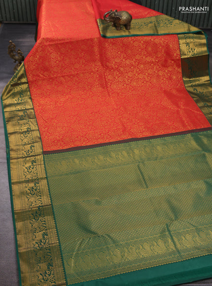 Kanchipuram silk saree red and green with allover zari woven brocade weaves and zari woven border