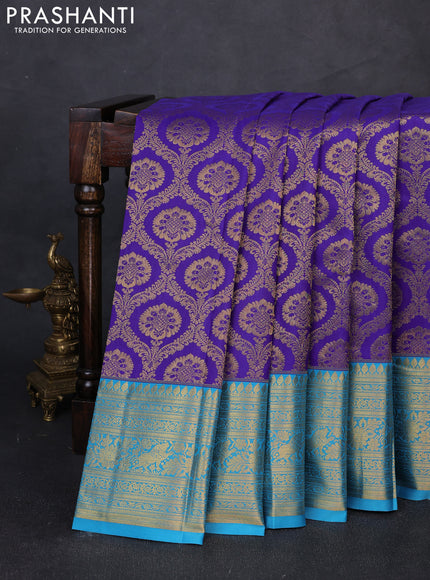 Kanchipuram silk saree violet and cs blue with allover zari woven brocade weaves and long zari woven border