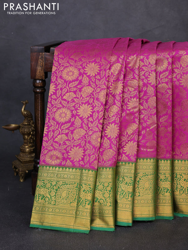 Kanchipuram silk saree magenta pink and green with allover zari woven brocade weaves and zari woven border