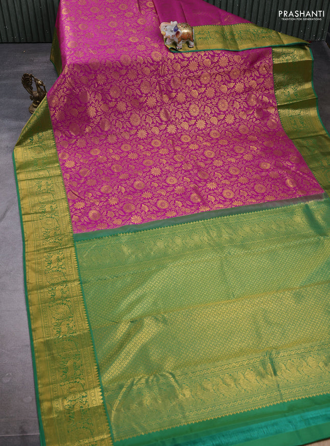 Kanchipuram silk saree magenta pink and green with allover zari woven brocade weaves and zari woven border