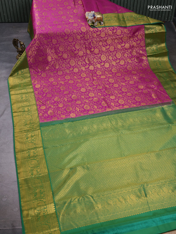Kanchipuram silk saree magenta pink and green with allover zari woven brocade weaves and zari woven border