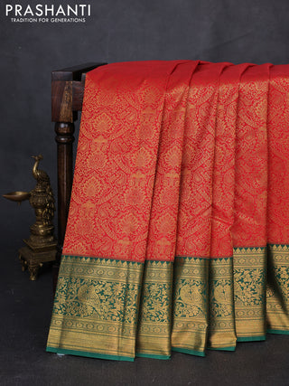 Kanchipuram silk saree red and green with allover zari woven brocade weaves and zari woven border