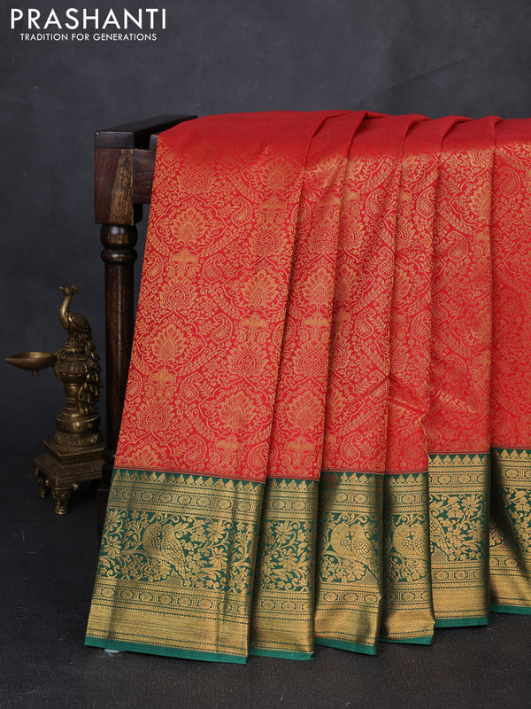 Kanchipuram silk saree red and green with allover zari woven brocade weaves and zari woven border