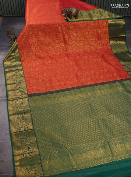 Kanchipuram silk saree red and green with allover zari woven brocade weaves and zari woven border