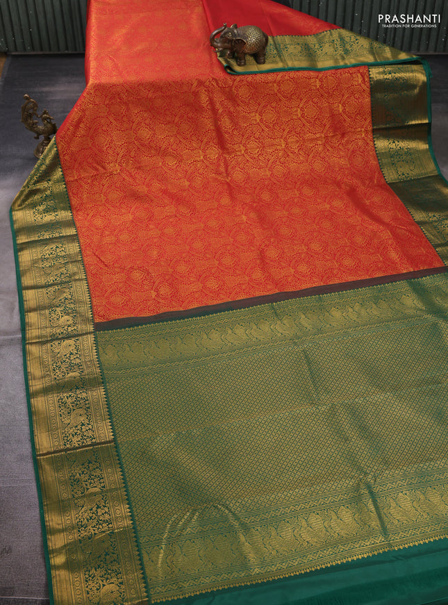 Kanchipuram silk saree red and green with allover zari woven brocade weaves and zari woven border