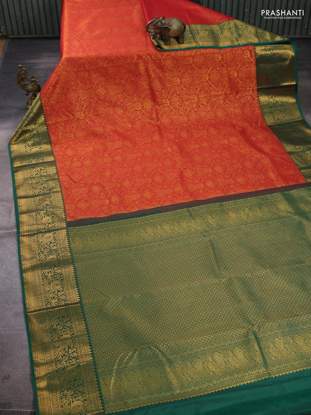 Kanchipuram silk saree red and green with allover zari woven brocade weaves and zari woven border