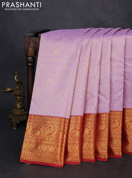 Kanchipuram silk saree lavender and maroon with allover zari woven brocade weaves and zari woven border