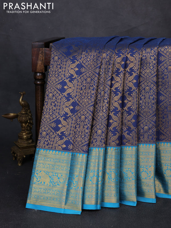 Kanchipuram silk saree peacock blue and cs blue with allover zari woven brocade weaves and zari woven border