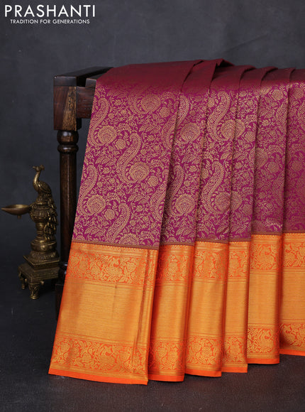 Kanchipuram silk saree dark magenta pink and orange with allover zari woven brocade weaves and long rich zari woven border
