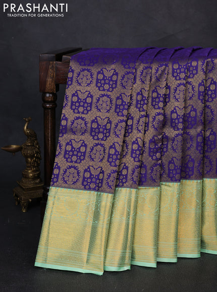 Kanchipuram silk saree violet and light green with allover zari woven brocade weaves and long zari woven border