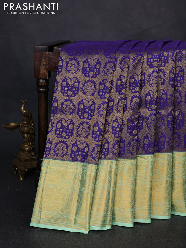 Kanchipuram silk saree violet and light green with allover zari woven brocade weaves and long zari woven border
