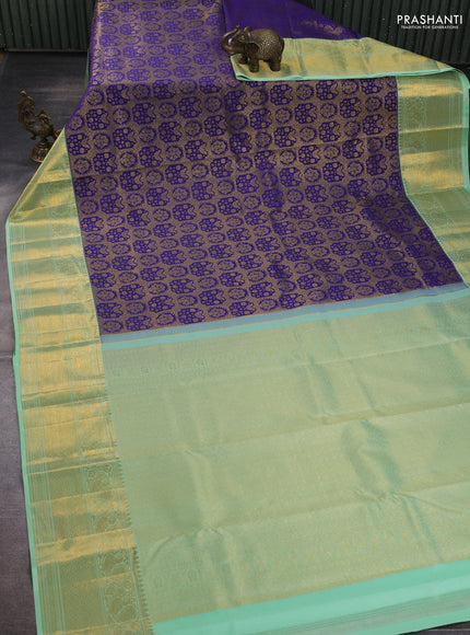 Kanchipuram silk saree violet and light green with allover zari woven brocade weaves and long zari woven border