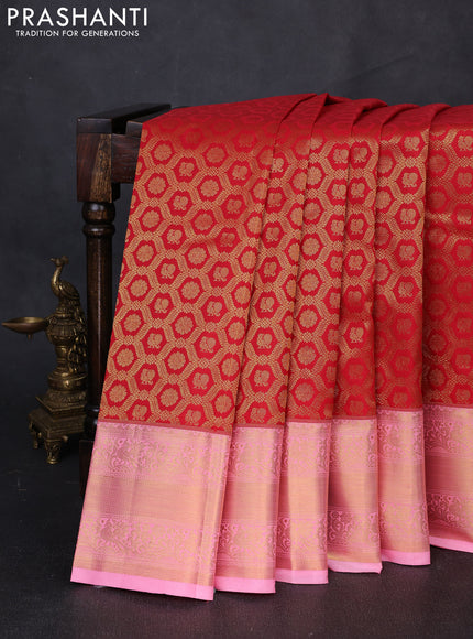 Kanchipuram silk saree red and light pink with allover zari woven brocade weaves and rich zari woven border