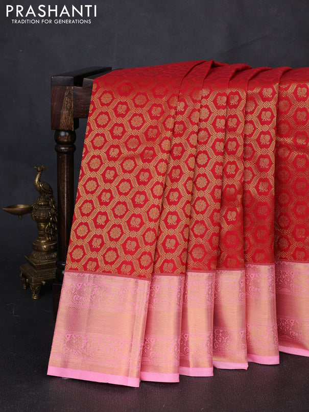 Kanchipuram silk saree red and light pink with allover zari woven brocade weaves and rich zari woven border