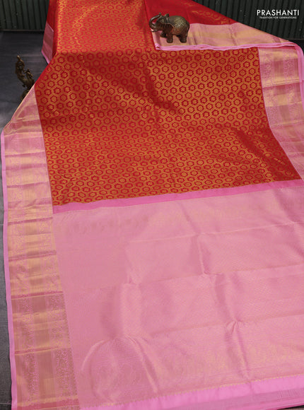 Kanchipuram silk saree red and light pink with allover zari woven brocade weaves and rich zari woven border