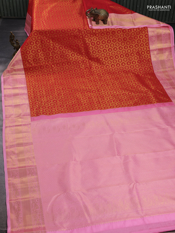 Kanchipuram silk saree red and light pink with allover zari woven brocade weaves and rich zari woven border