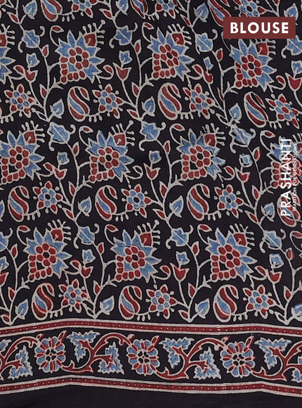 Dola silk saree black and maroon with allover ajrakh prints and zari woven border