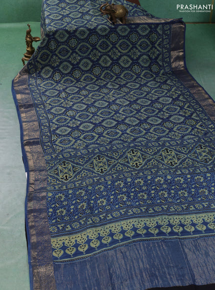 Dola silk saree indigo blue with allover ajrakh prints and zari woven border