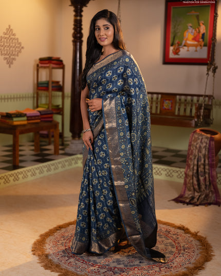 Dola silk saree indigo blue with allover ajrakh butta prints and zari woven border