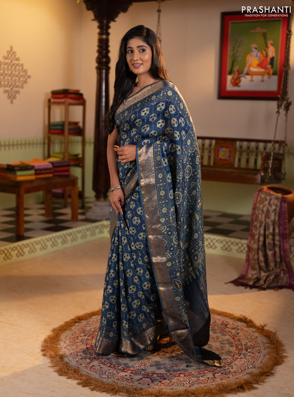 Dola silk saree indigo blue with allover ajrakh butta prints and zari woven border