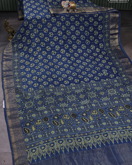 Dola silk saree indigo blue with allover ajrakh butta prints and zari woven border