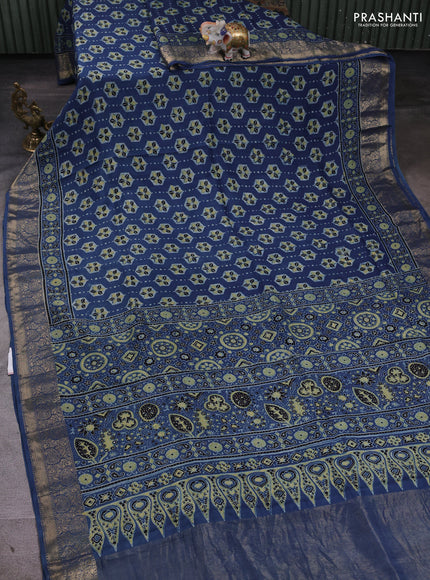 Dola silk saree indigo blue with allover ajrakh butta prints and zari woven border