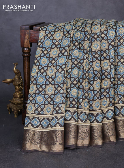 Dola silk saree coffee brown with allover ajrakh prints and zari woven border