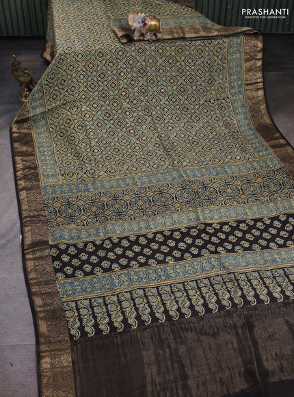 Dola silk saree indigo blue and black with allover ajrakh prints and zari woven border