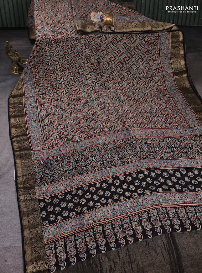 Dola silk saree blue shade and maroon with allover ajrakh prints and zari woven border