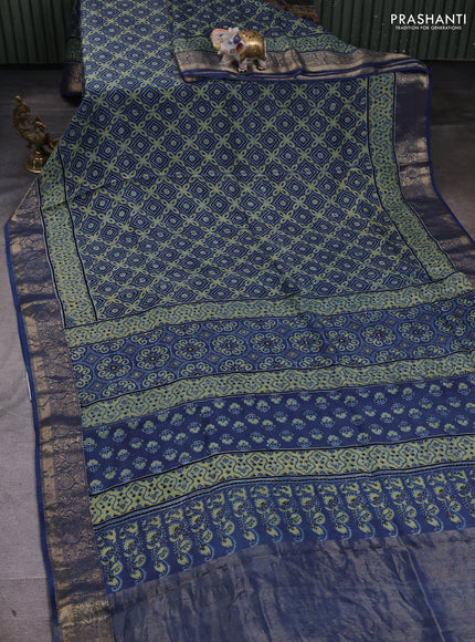 Dola silk saree indigo blue and yellow with allover ajrakh prints and zari woven border