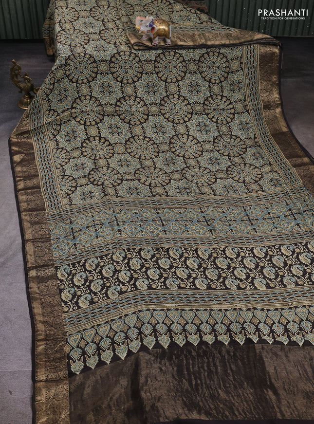 Dola silk saree coffee brown with allover ajrakh prints and zari woven border