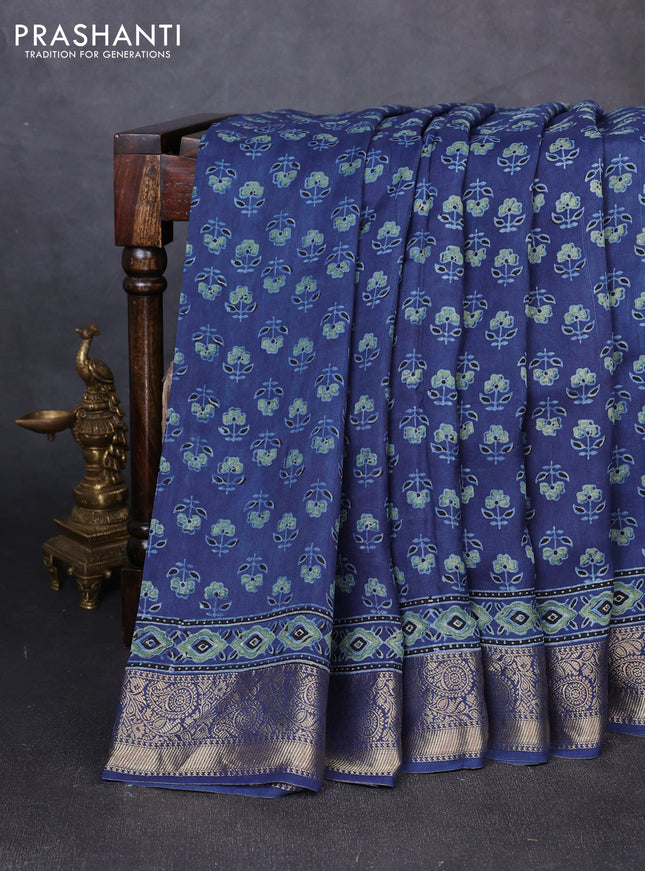 Dola silk saree indigo blue with allover butta prints and zari woven border
