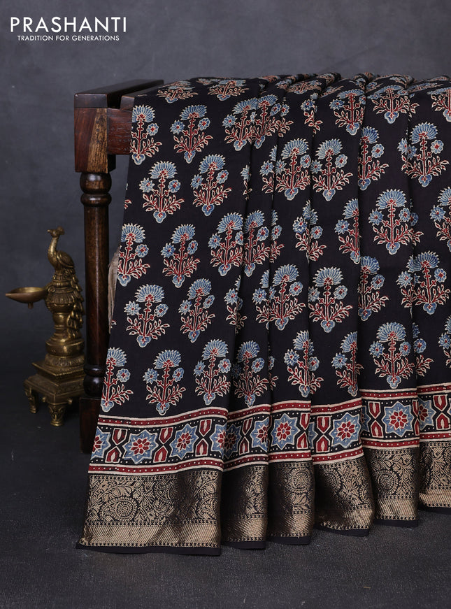 Dola silk saree indigo blue and black with allover ajrakh prints and zari woven border