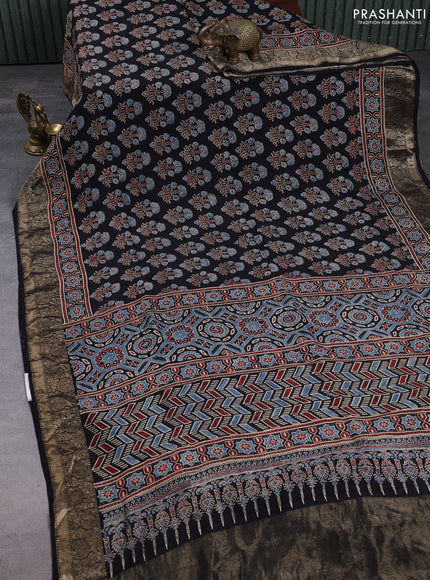 Dola silk saree indigo blue and black with allover ajrakh prints and zari woven border