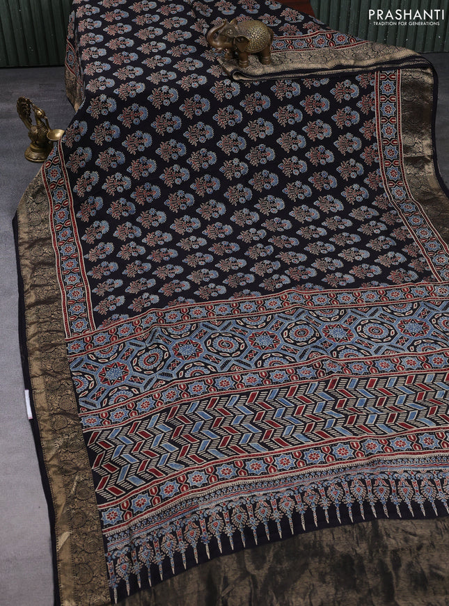 Dola silk saree indigo blue and black with allover ajrakh prints and zari woven border