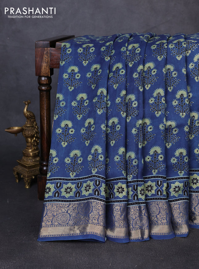Dola silk saree indigo blue and blue shade with allover ajrakh prints and zari woven border