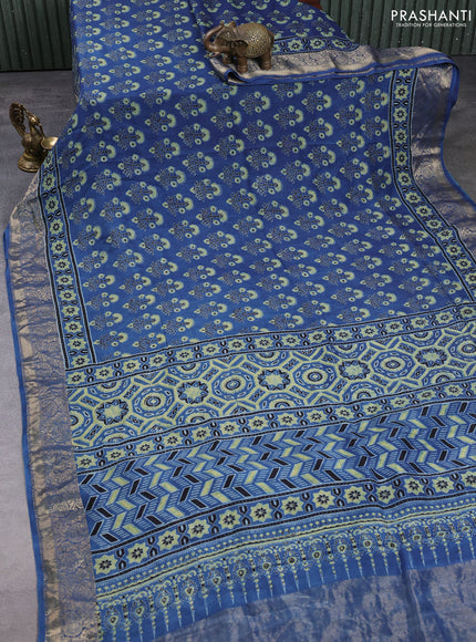 Dola silk saree indigo blue and blue shade with allover ajrakh prints and zari woven border