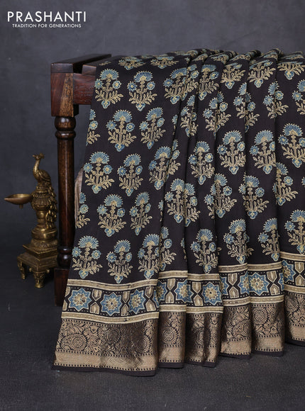 Dola silk saree indigo blue and black with allover ajrakh prints and zari woven border